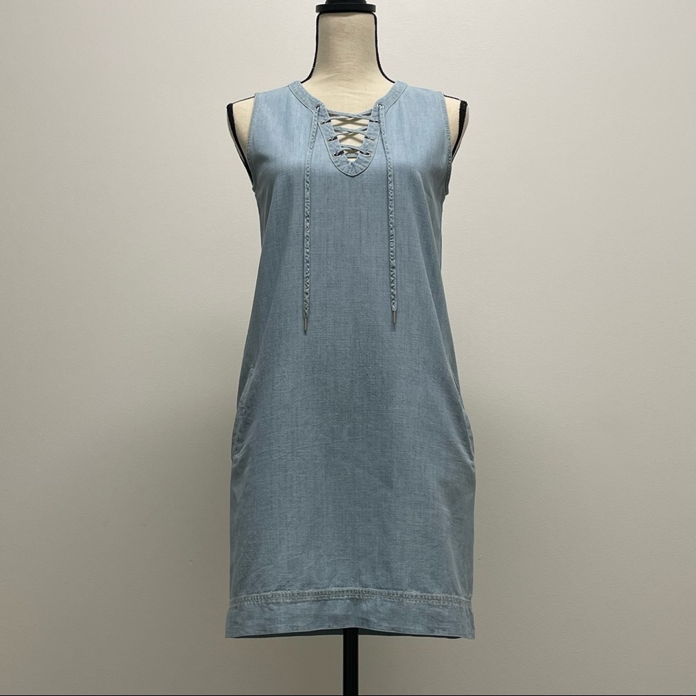 100% cotton chambray sleeveless dress with pockets